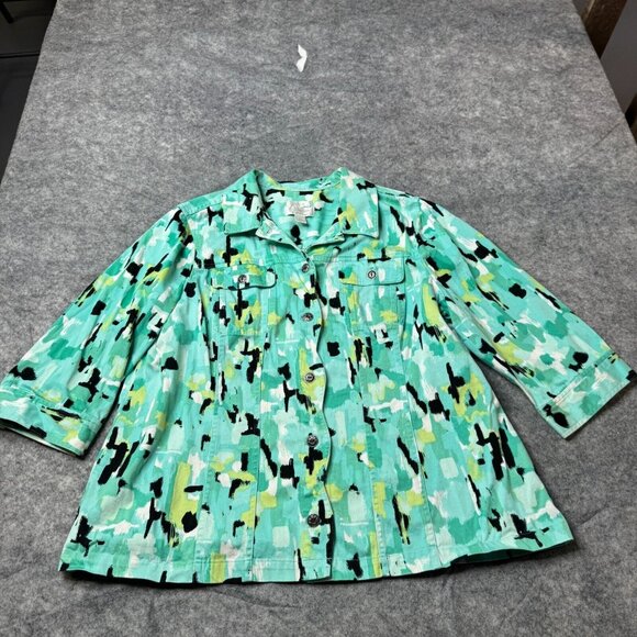 CJ Banks Jacket Womens Plus 2X Teal Green Geometric Button 3/4 Sleeve Stretch - Picture 1 of 8